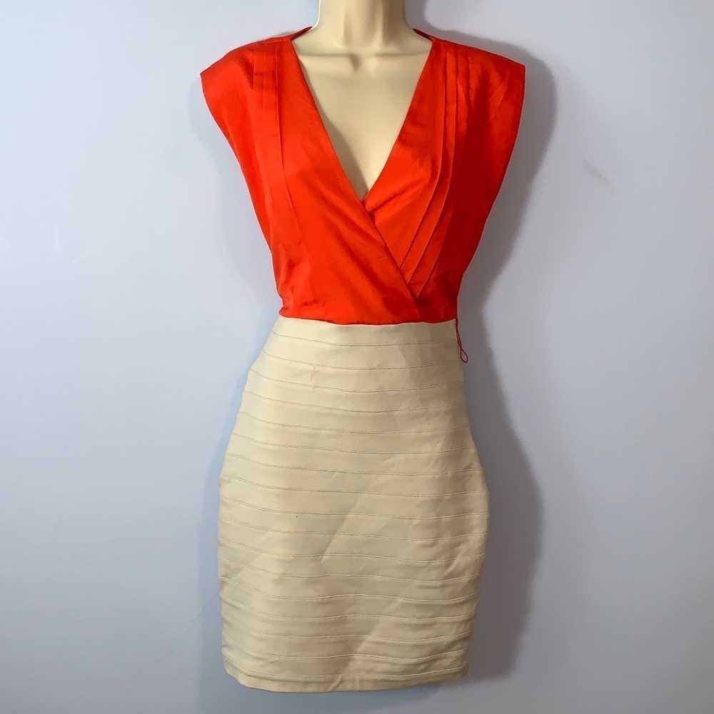 Express Bright Orange and beige bandage dress sleeveless v neck fitted size XS